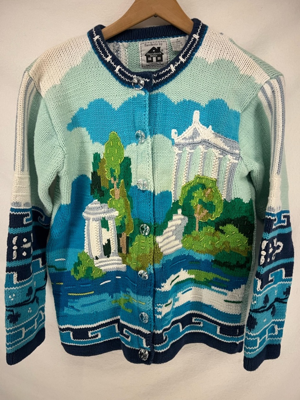 Vintage 90s Storybook Knits Greece Greek Roman Themed Cardigan Sweater Size S